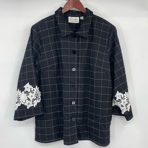 Linea by Louis Dell'Olio Shirt Jacket Women Size 14 Black Windowpane Lace Accent